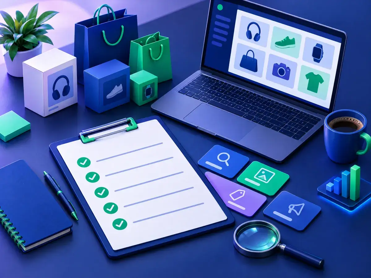 Ilustrasi meja kerja dengan checklist SEO toko online, kotak produk kecil, kartu kategori, dan laptop