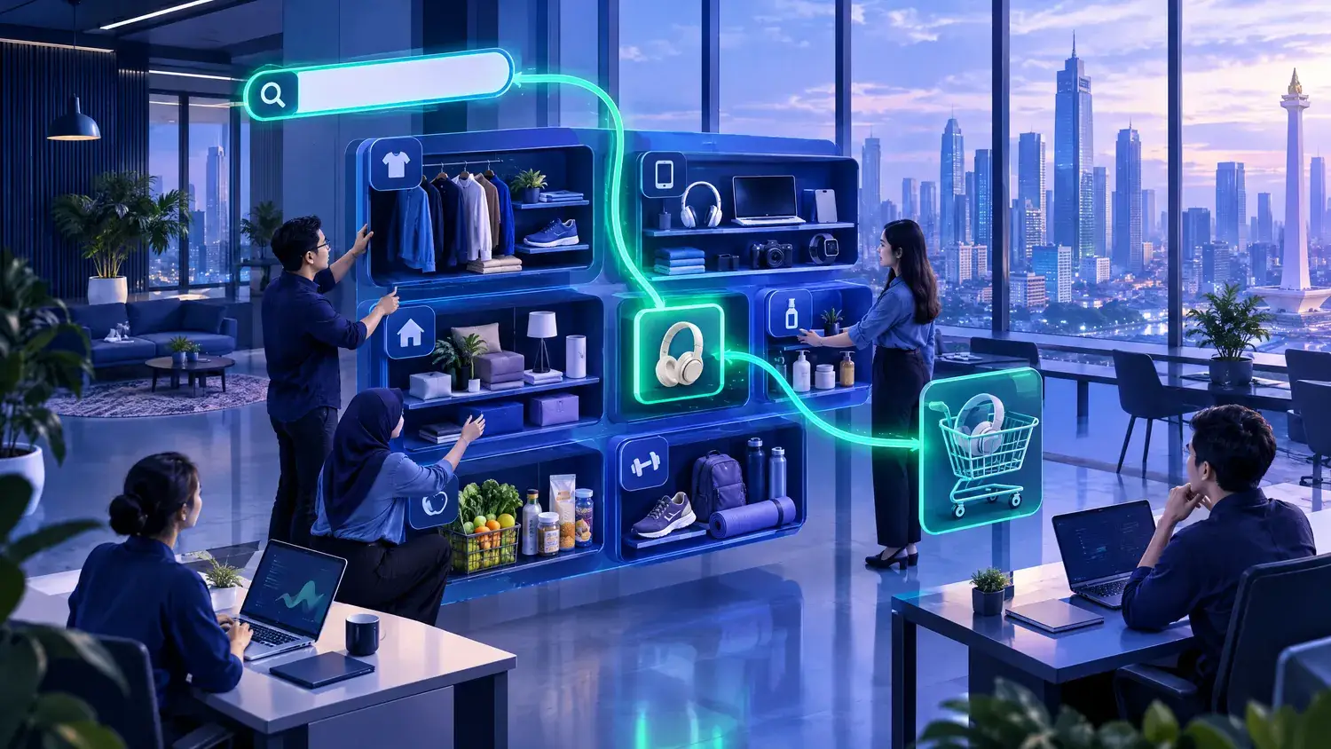 Ilustrasi tim e-commerce di kantor Jakarta menata rak produk digital yang tersusun per kategori, terhubung dari pencarian ke keranjang belanja