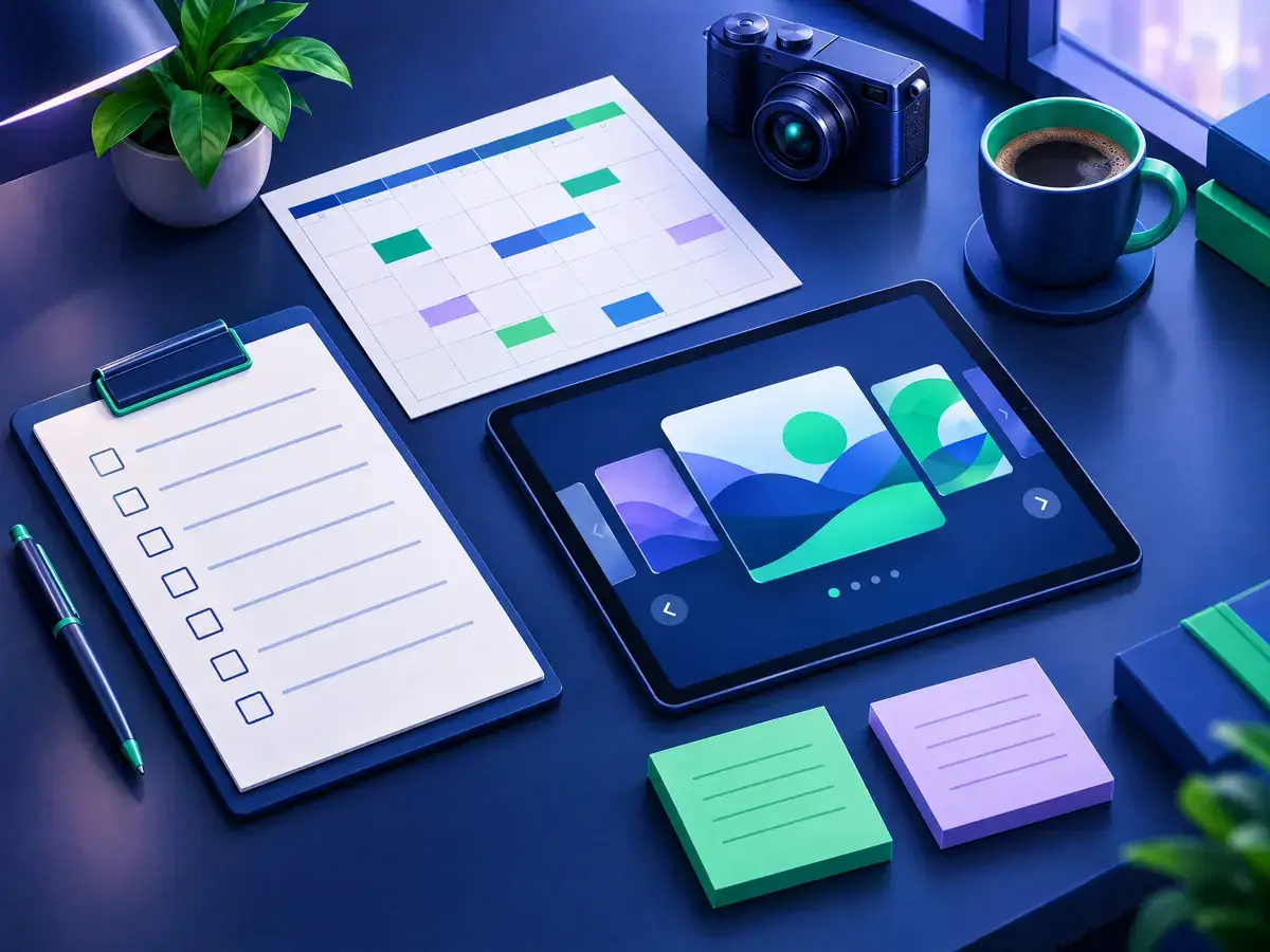 Ilustrasi meja kerja dengan checklist profil, kalender konten, dan draf carousel