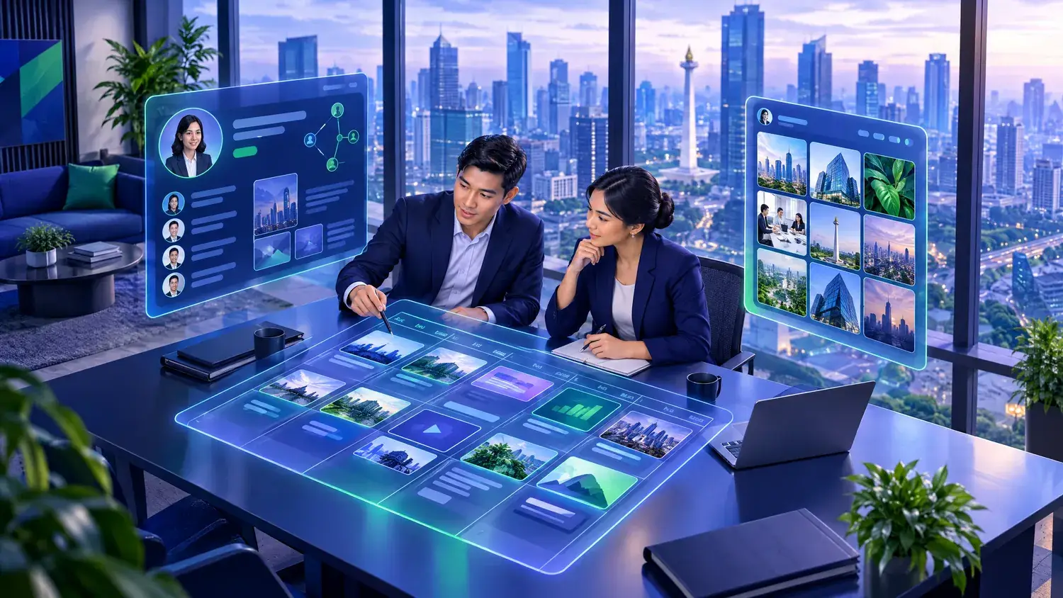 Ilustrasi tim marketing B2B menyusun kalender konten LinkedIn dan Instagram di kantor Jakarta