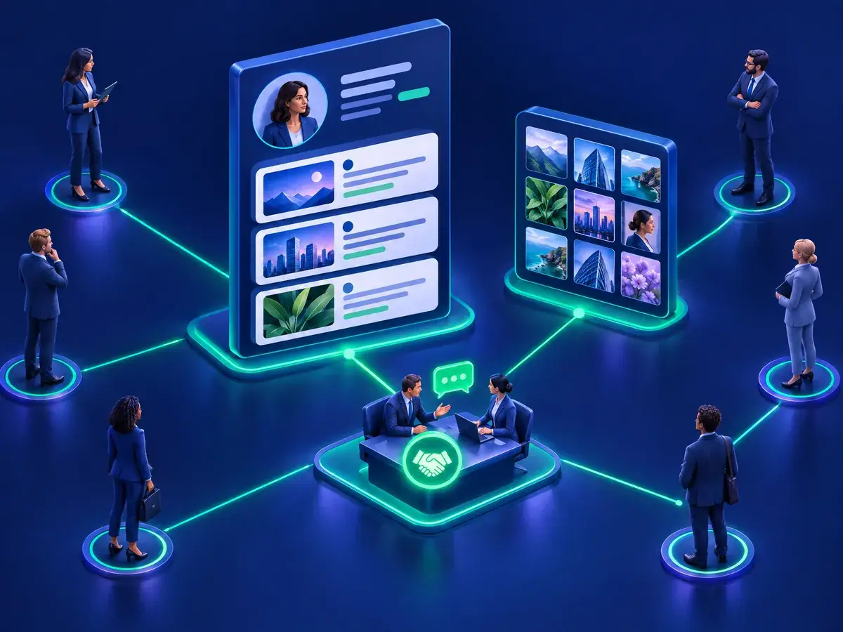 Ilustrasi strategi konten B2B: panel LinkedIn di tengah dan Instagram di sisi, terhubung ke tim sales