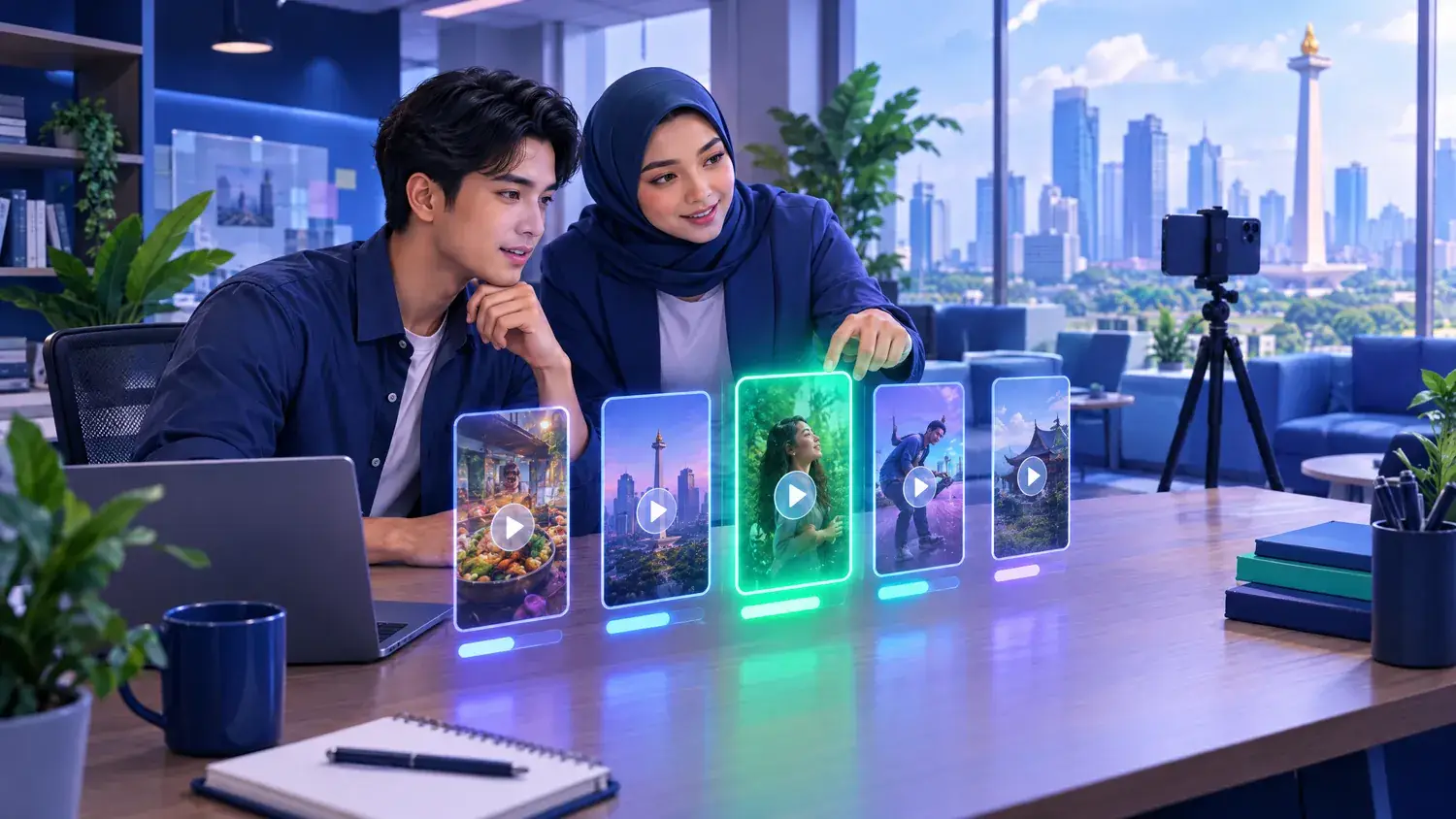 Ilustrasi beberapa video pendek vertikal yang diuji berdampingan dengan grafik performa di kantor modern Jakarta