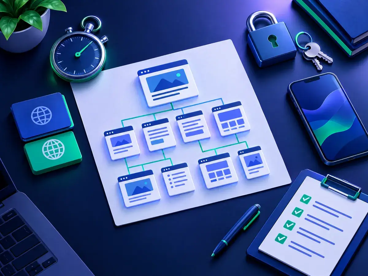 Illustration of a website planning workspace with a sitemap board, two language cards, a stopwatch and a checklist