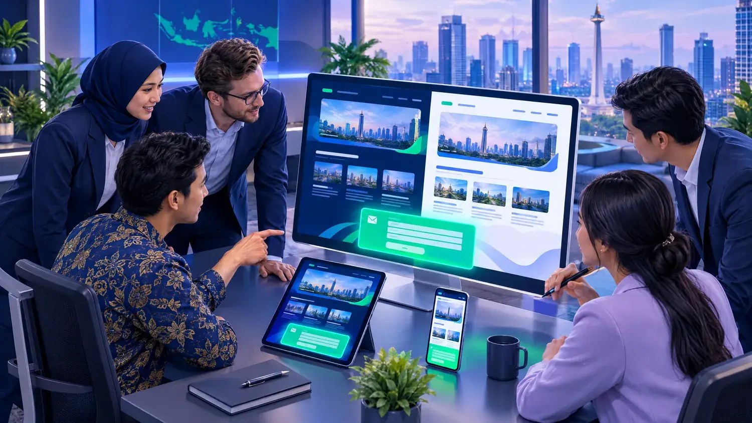 Illustration of an international team in a Jakarta office reviewing a bilingual corporate website on desktop and mobile screens