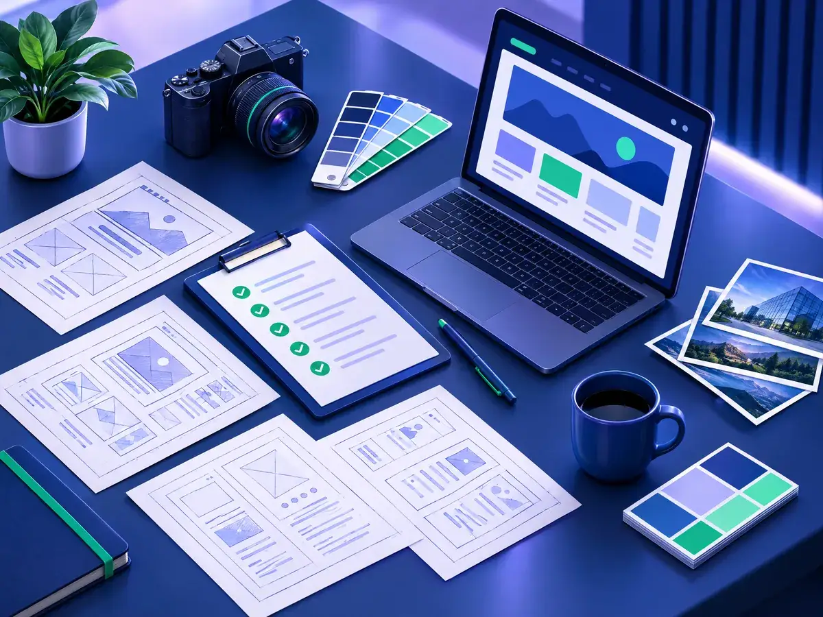 Ilustrasi meja kerja dengan wireframe halaman website, checklist persiapan, dan contoh materi brand