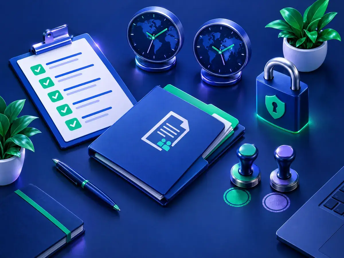 Illustration of a partnership checklist on a desk with a brief template, review stamps and a world clock