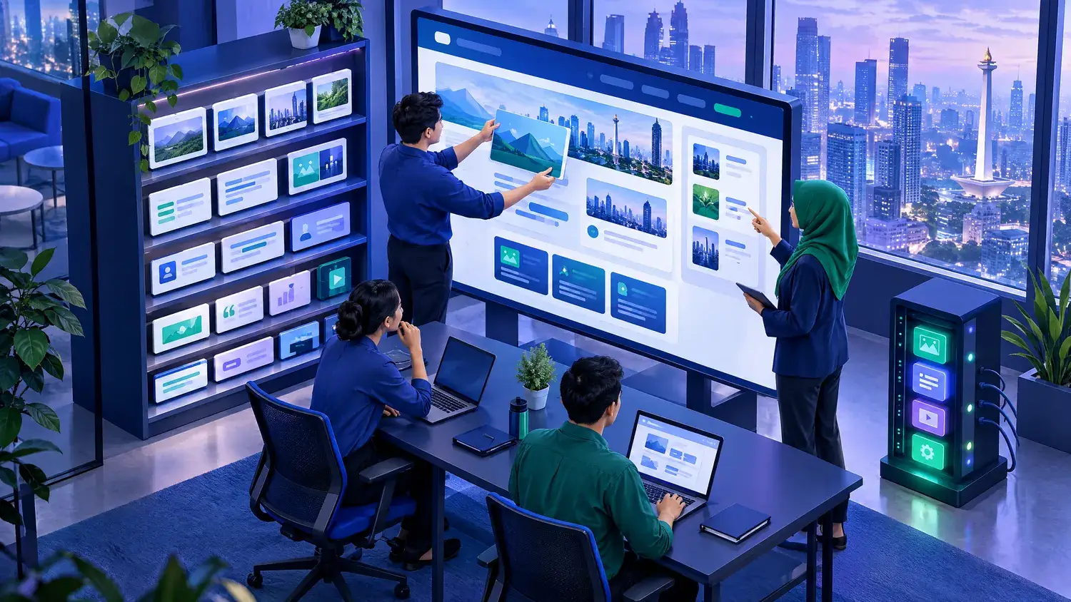 Ilustrasi tim marketing di kantor Jakarta mengelola halaman website dari dashboard CMS dengan blok konten yang tersusun rapi