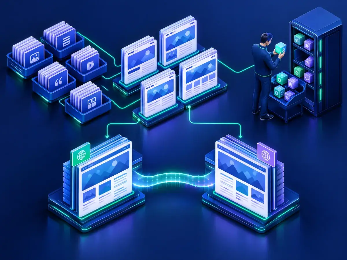 Ilustrasi struktur konten website yang tersusun seperti rak modular, terhubung ke halaman yang rapi