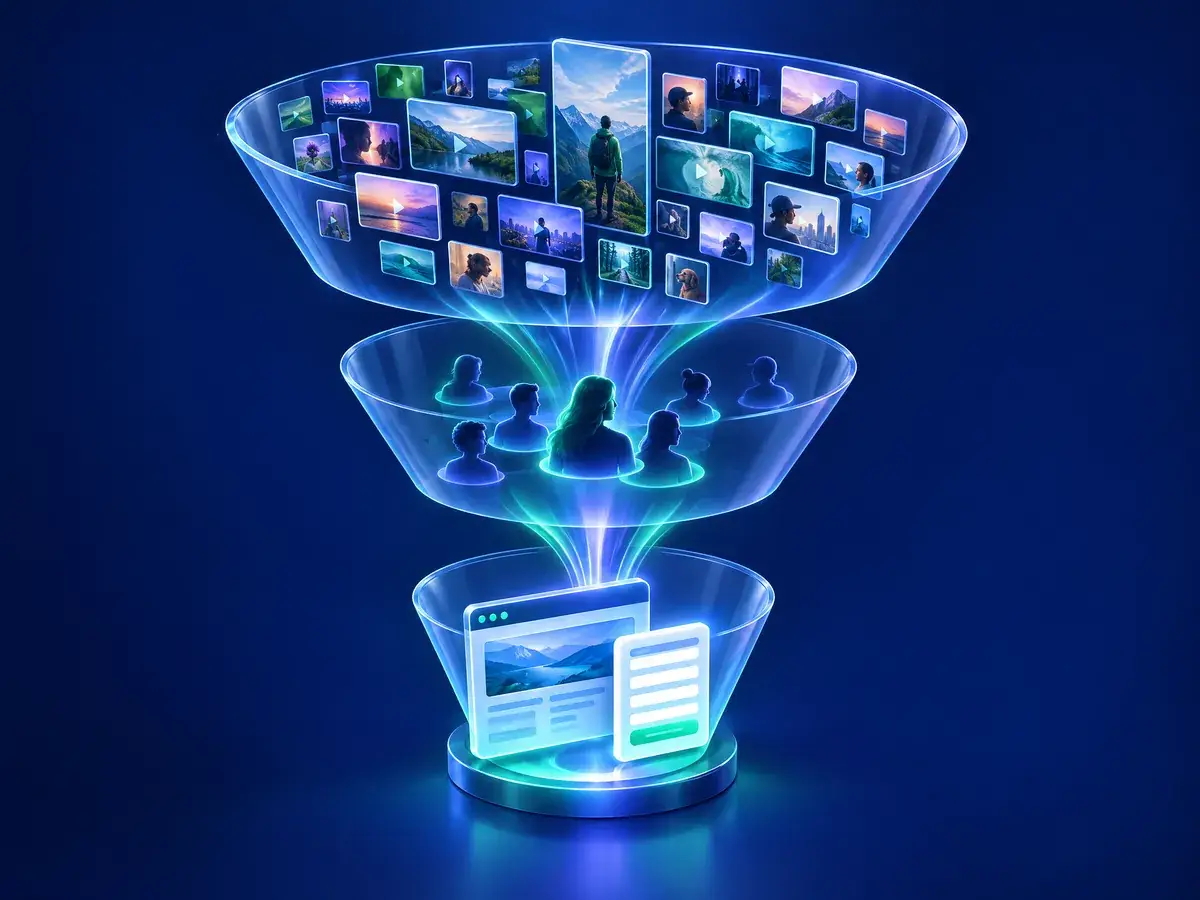 Ilustrasi funnel dengan tiga lapis: jangkauan video, pertimbangan lewat penonton yang kembali, dan tindakan berupa kunjungan website