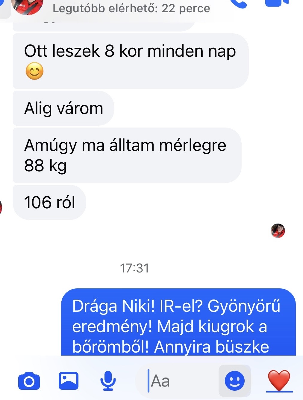 Messenger beszélgetés: 106-ról 88 kg-ra fogyott, csatlakozik a 8 órás edzésekhez
