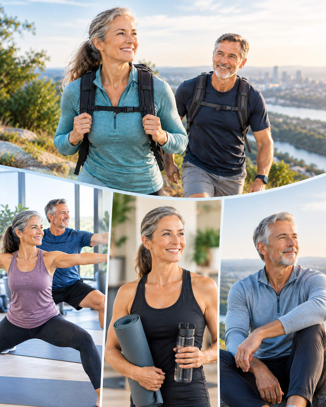 Active older couple hiking and doing yoga together