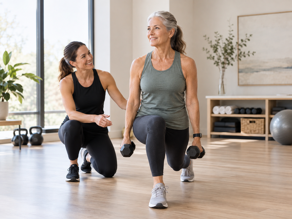 Personal trainer coaching a woman through dumbbell lunges