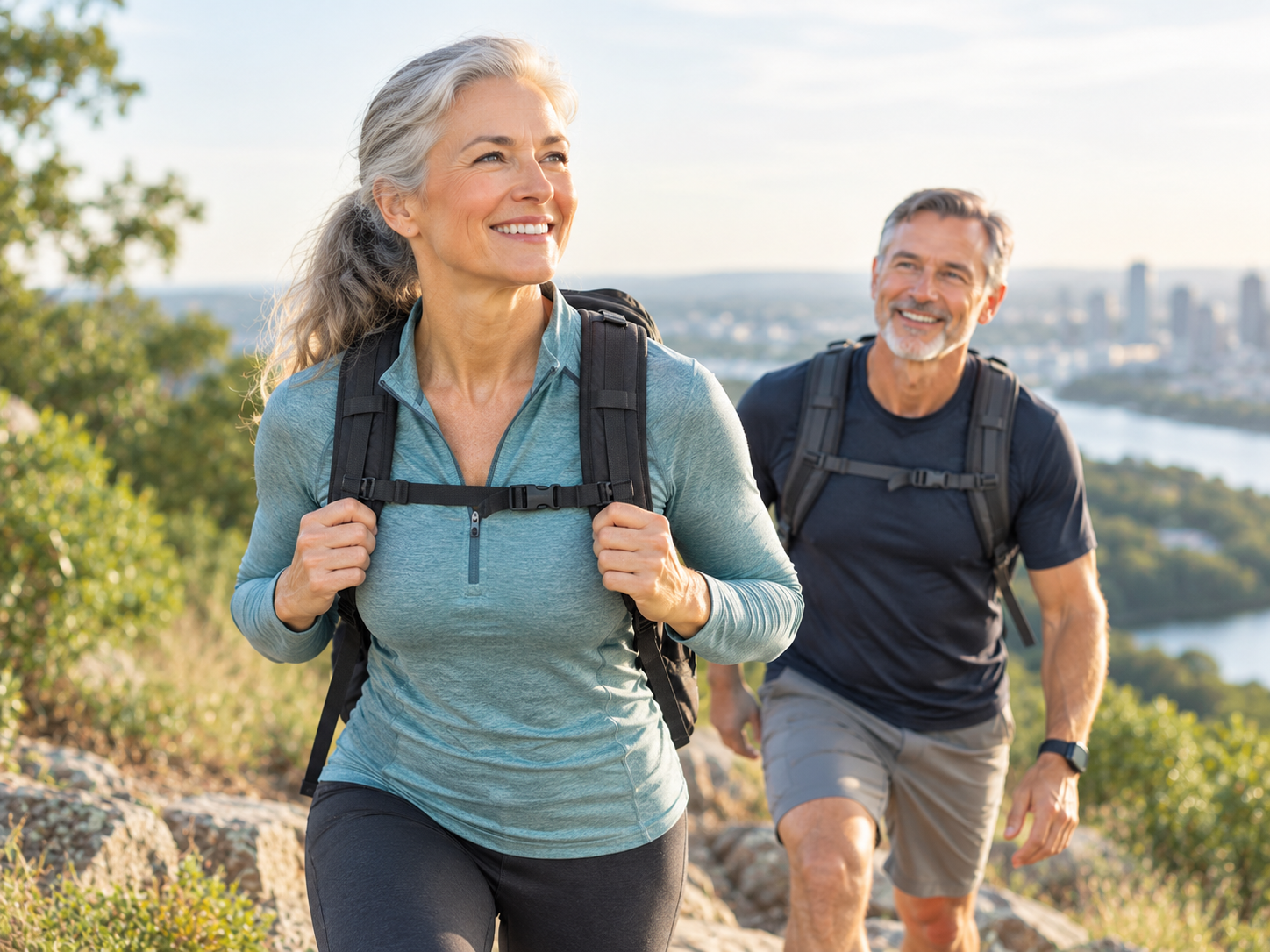 Active older couple hiking with backpacks overlooking a valley