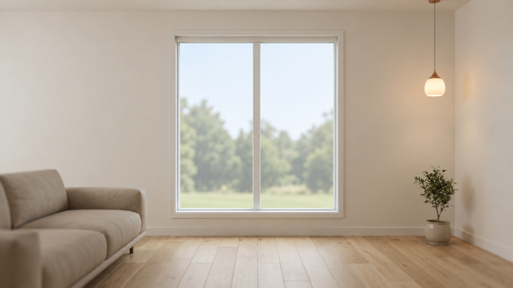 Bare window with no blind in a modern living room