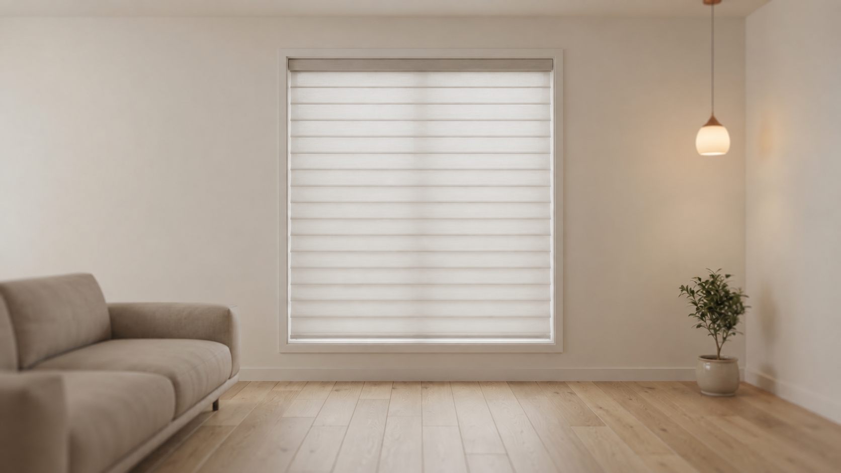 Sheer fabric shade with vanes fully closed for privacy