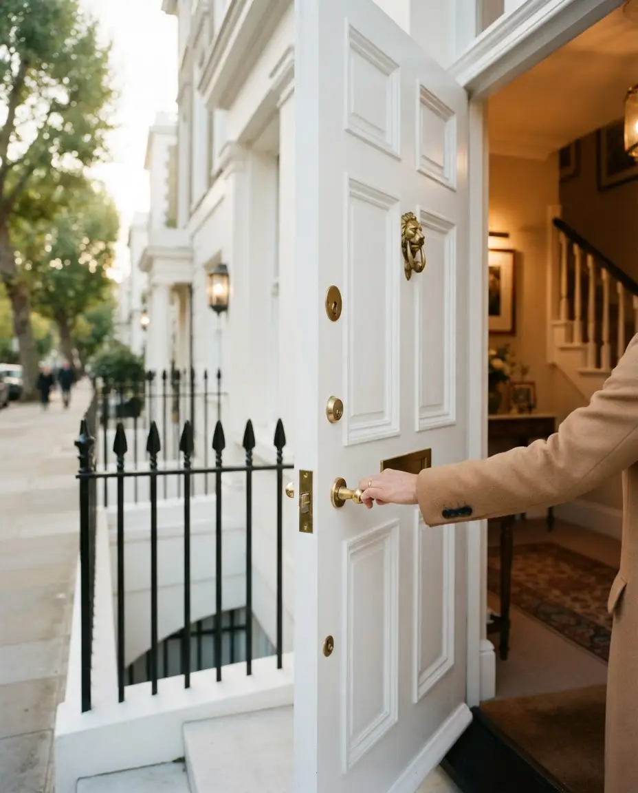 Editorial photograph of a hand in a tailored camel coat sleeve opening a white painted London townhouse front door with brass knocker — warm interior light spilling into the street