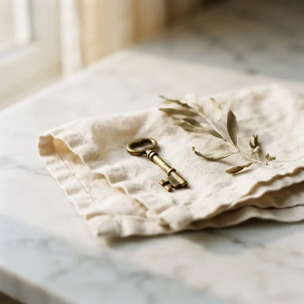 Minimal still life of a brass key on cream linen with olive leaves