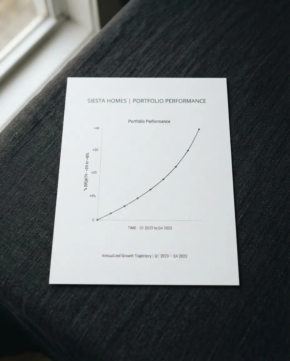 Editorial photograph of a portfolio performance graph printed on crisp white paper — an upward-trending line chart in charcoal ink, resting on a deep ink-charcoal linen surface