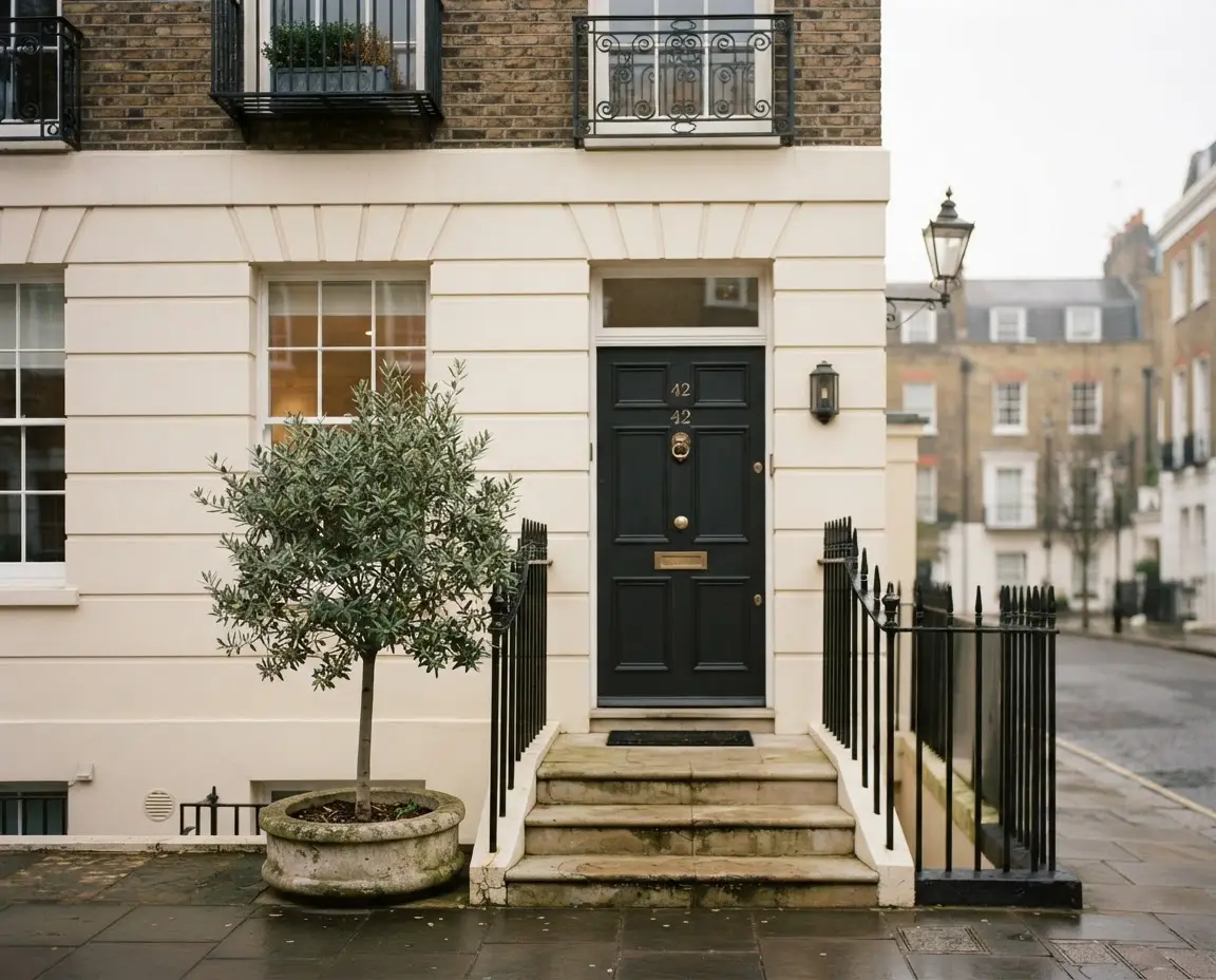 London Georgian townhouse exterior with cream stucco facade and black painted door