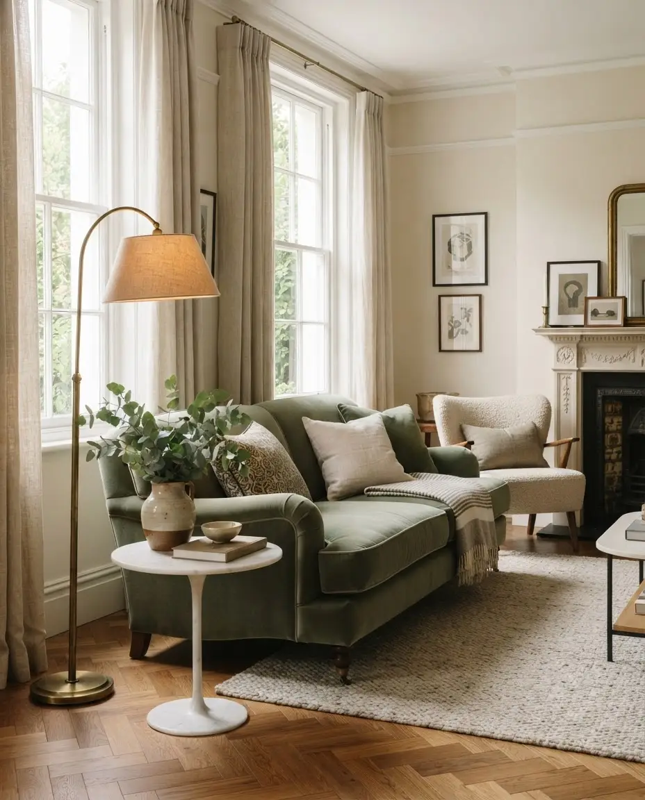 Editorial London townhouse sitting room styled with sage velvet sofa, brass lamp and oak herringbone floor