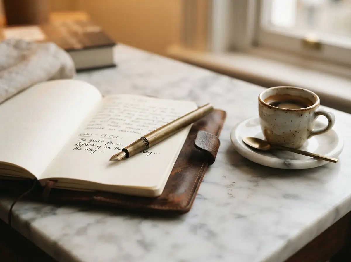 Leather-bound notebook with brass fountain pen and espresso on marble desk