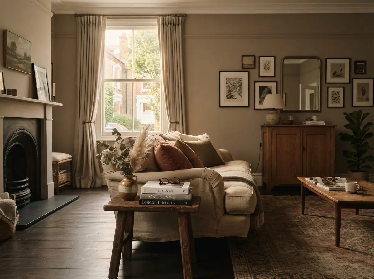 London rental property living room styled in muted earth tones with linen sofa