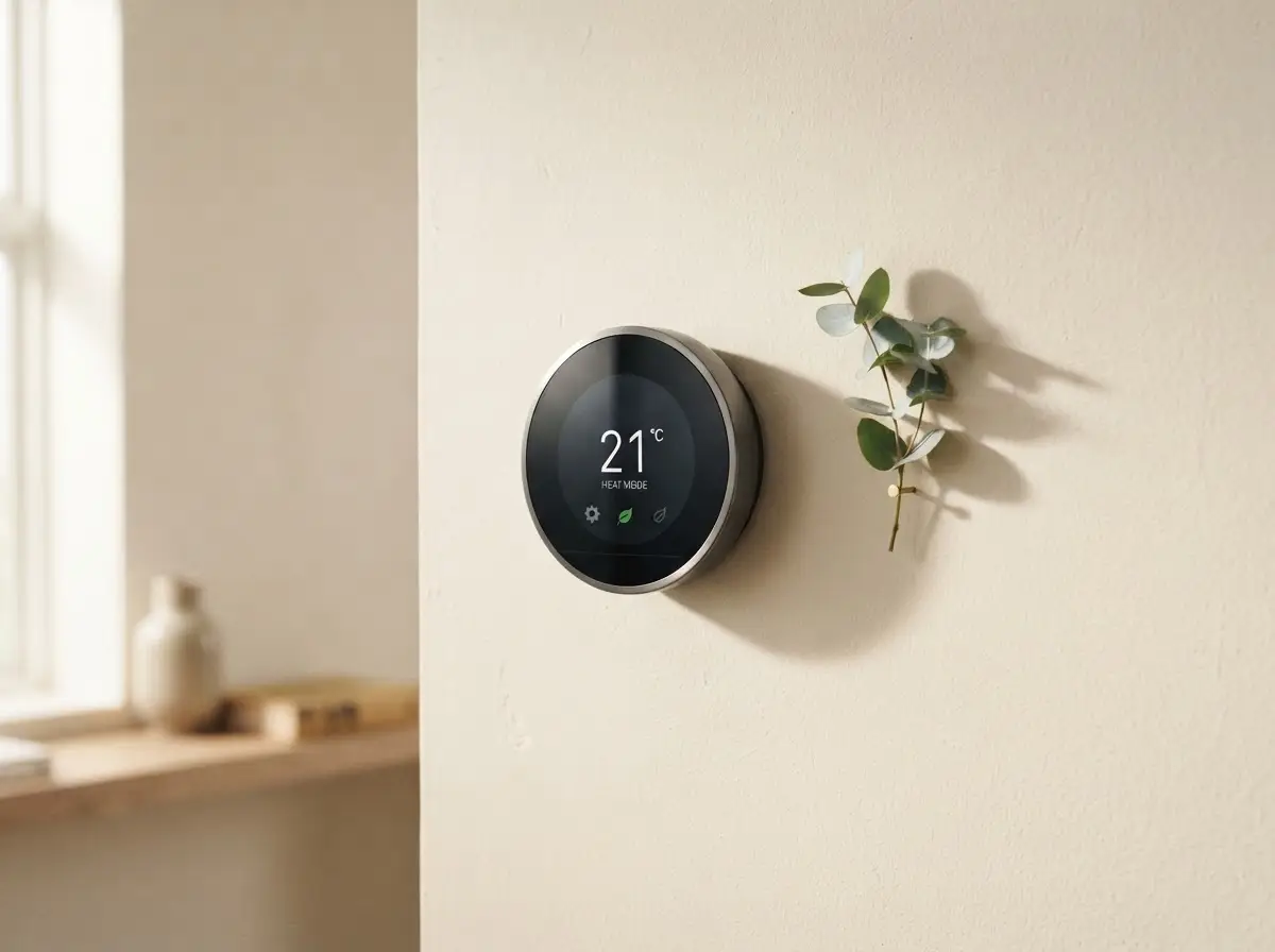 Slim black smart thermostat on cream wall with eucalyptus sprig