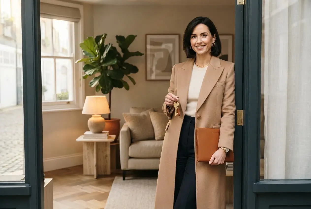 Editorial photograph of a property manager in a tailored camel coat holding a brass key in the doorway of a curated London mews house interior