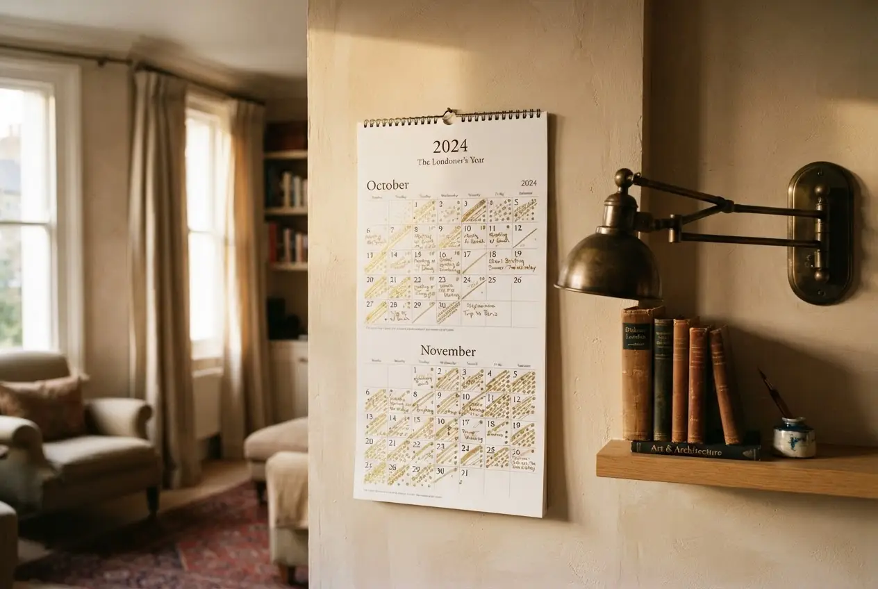 Editorial interior photograph of a wall calendar mounted on a warm plaster wall in a curated London townhouse study — multiple months marked with gold ink highlights, set beside a brass reading lamp and stack of leather-bound books