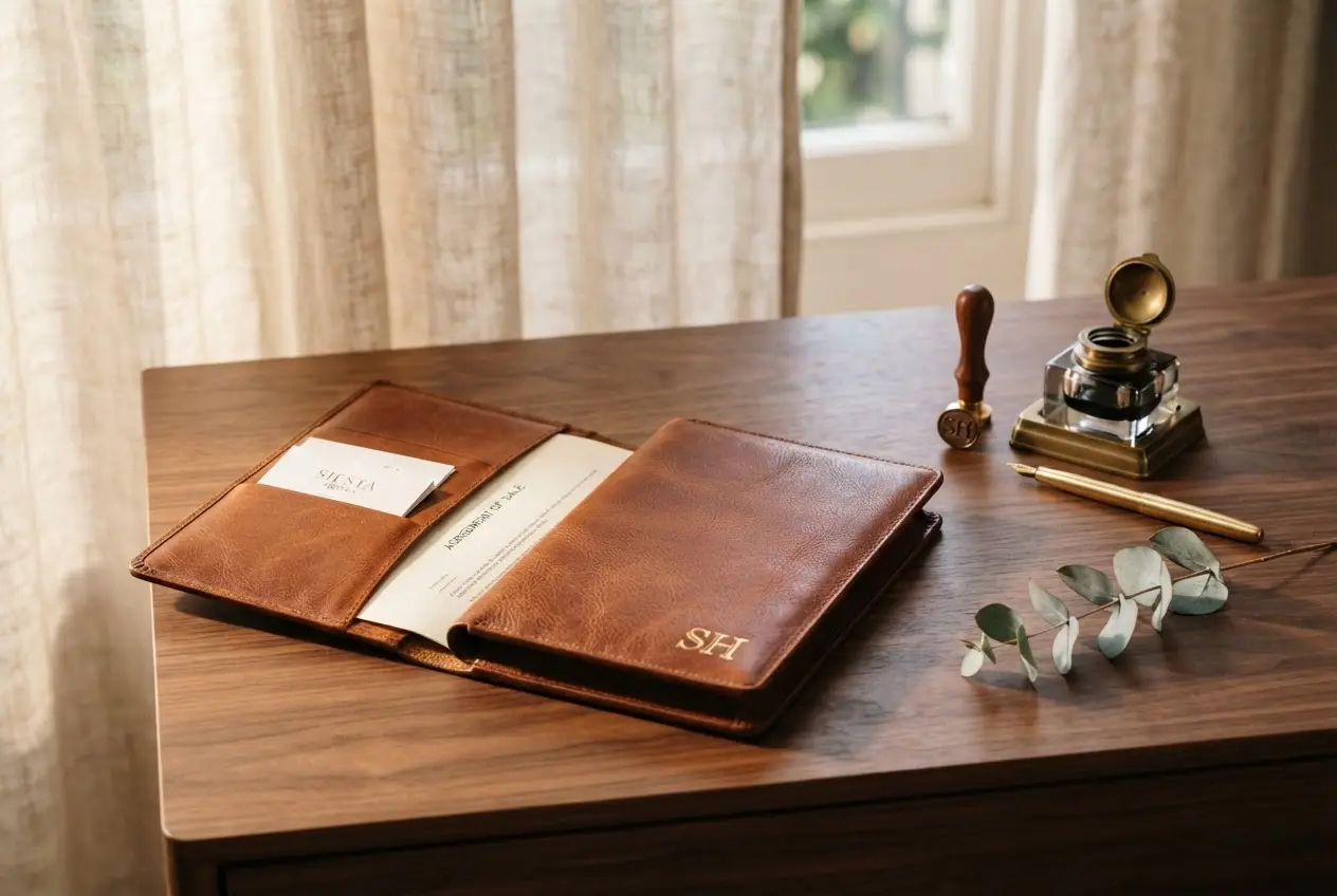 Editorial still life photograph of a thick cognac leather-bound property portfolio wallet embossed with a gold monogram, resting on a polished walnut writing desk beside a brass inkwell, fountain pen and wax seal stamp