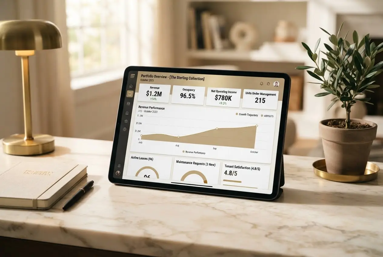 Editorial photograph of a slim graphite tablet displaying the Atlas property management dashboard, resting on cream marble with a brass lamp and olive plant