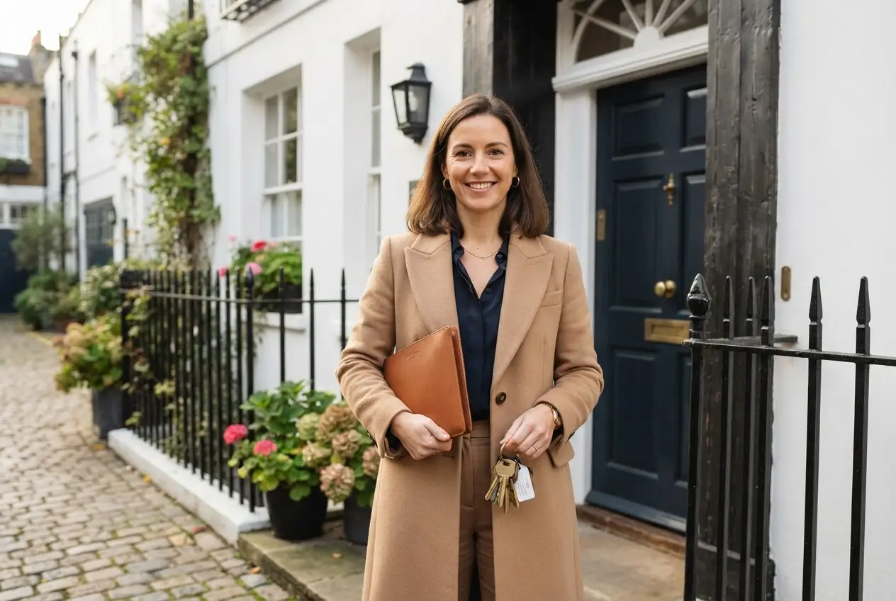 Editorial portrait of a property manager in a tailored camel coat standing in the doorway of a London mews house holding a leather portfolio and brass keys