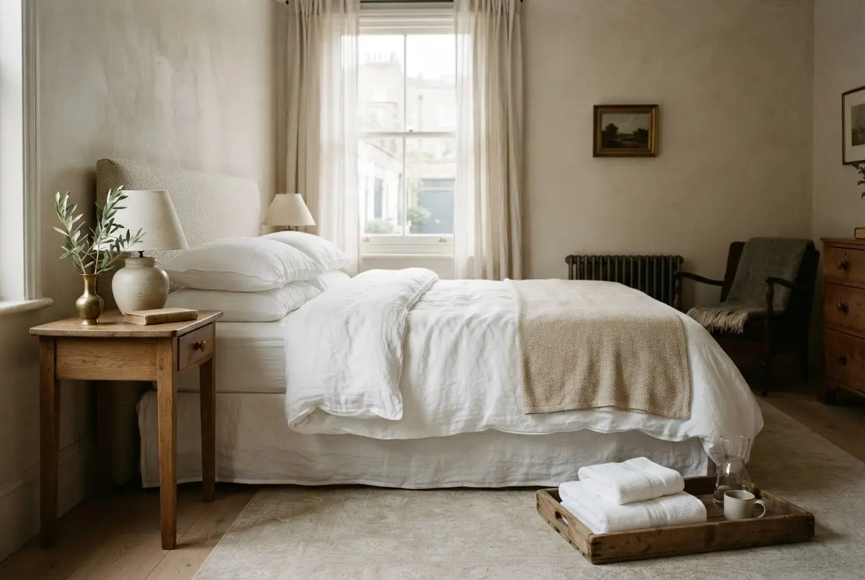 Editorial interior photograph of a freshly made bed in a curated London townhouse master bedroom — crisp white linen sheets with a brass vase and olive branch on the nightstand