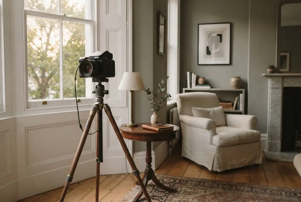 Editorial interior photograph of a professional medium-format camera on a wooden tripod set up in a beautifully styled London drawing room before a property photoshoot
