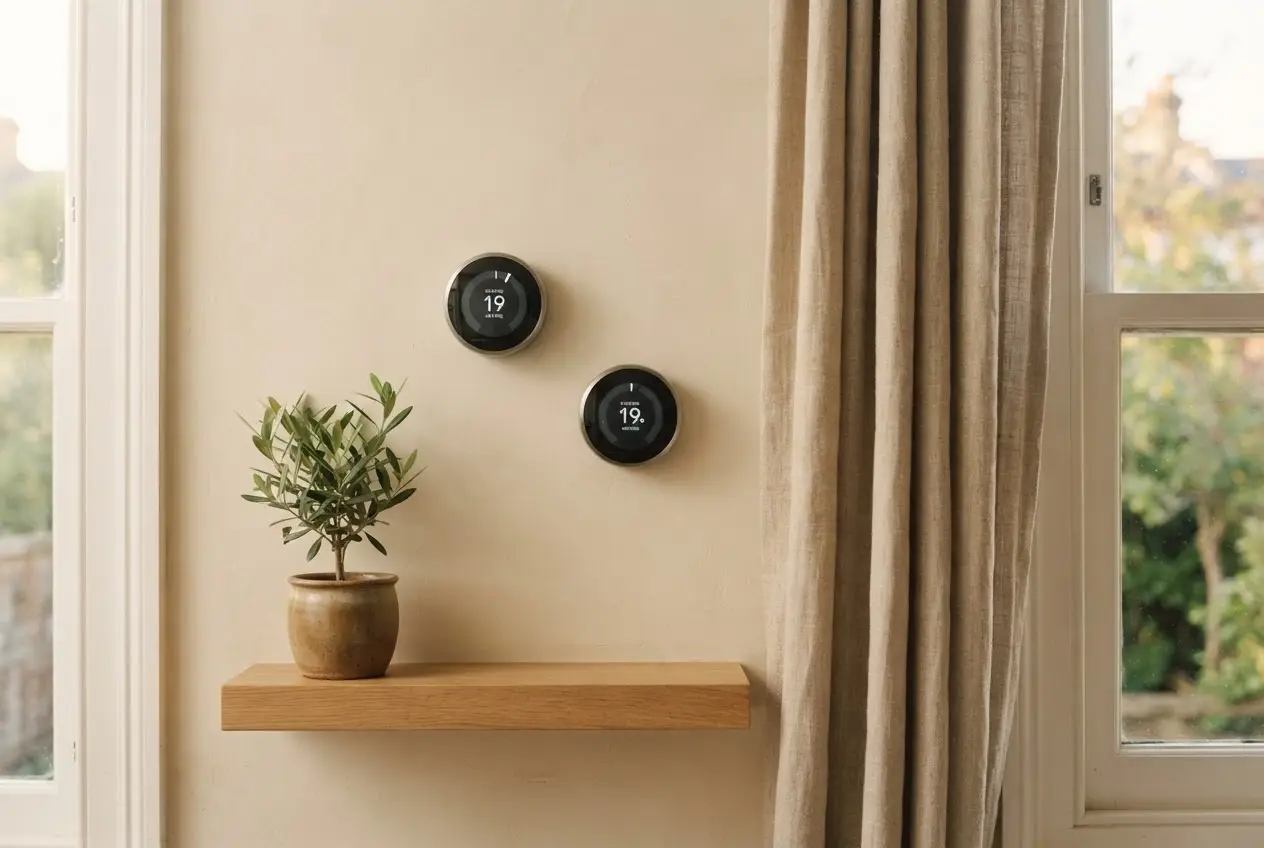Editorial interior detail photograph of a slim graphite smart thermostat mounted on a warm cream plaster wall with a small olive plant on a wooden shelf below