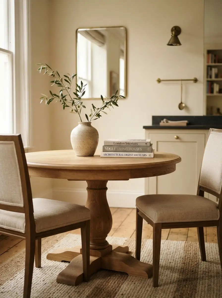 Editorial detail — a styled dining vignette with oak pedestal table, linen chairs and ceramic olive branch vase