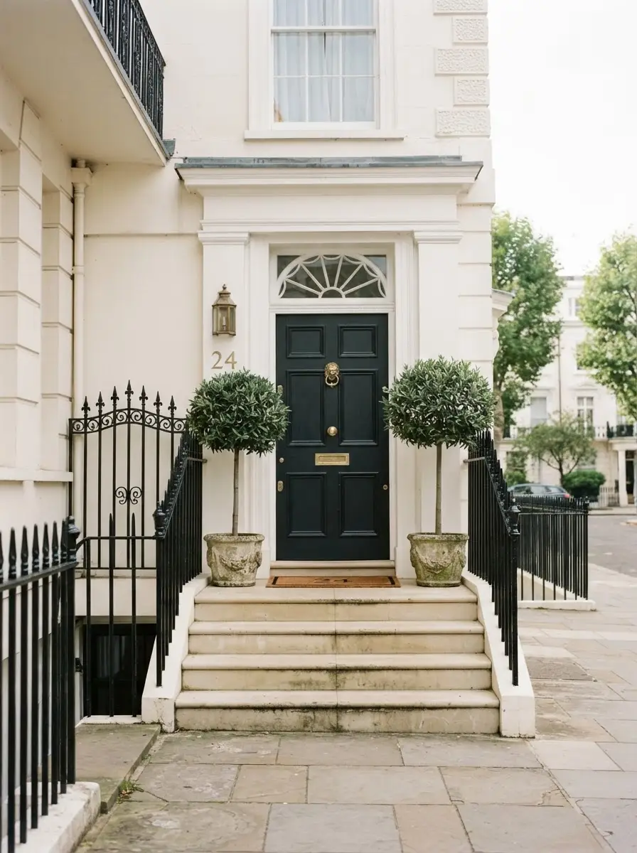 Editorial exterior — a classic London townhouse with white stucco facade and black painted front door