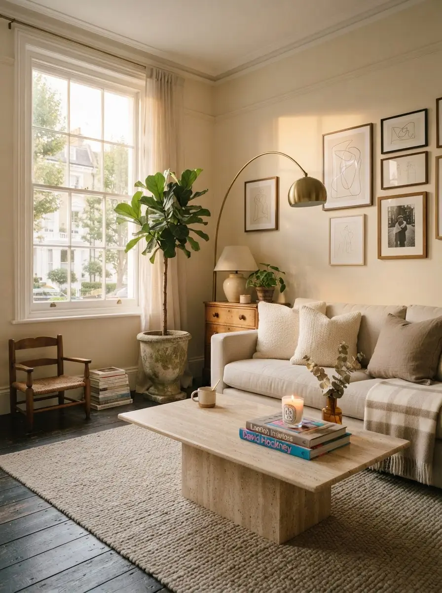 Editorial interior — a curated London apartment sitting room with oatmeal linen sofa, travertine table and fiddle leaf fig