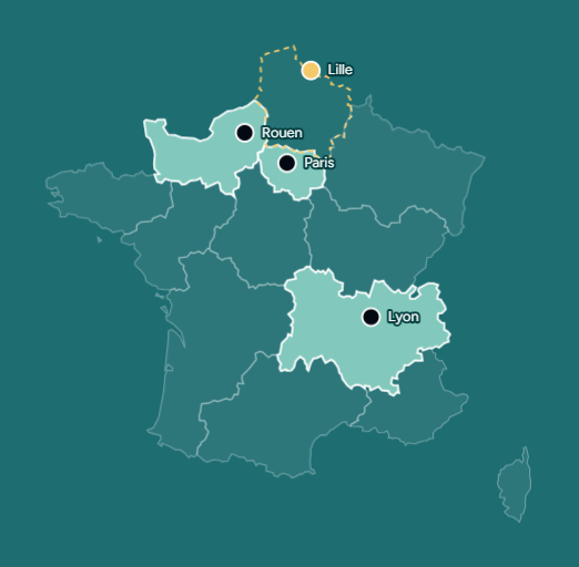 Carte de France des zones de déploiement d'Otcho Cider : Auvergne-Rhône-Alpes, Île-de-France et Normandie en vert clair, Hauts-de-France en pointillés jaunes. Points de vente à Lyon, Paris, Rouen et Lille.
