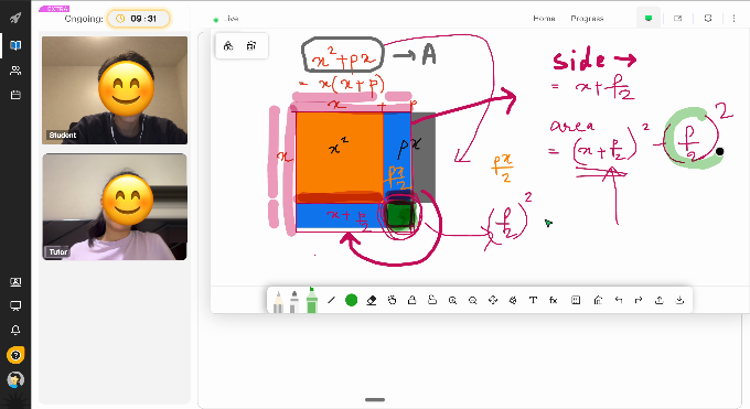 Cuemath live class — college-level algebra and geometry working on a shared whiteboard