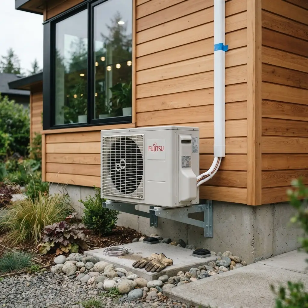 Ductless mini split heat pump outdoor unit installed on a contemporary home