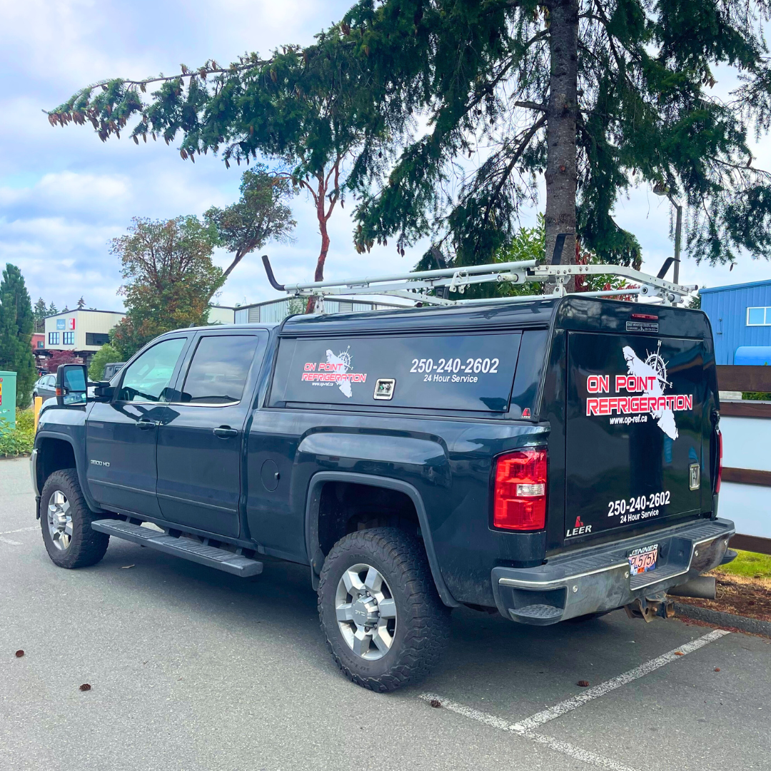 An On Point Refrigeration service truck parked in their lot on Vancouver Island