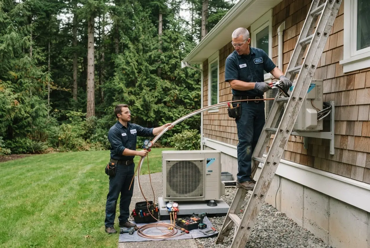 On Point Refrigeration crew installing a heat pump on a Vancouver Island home