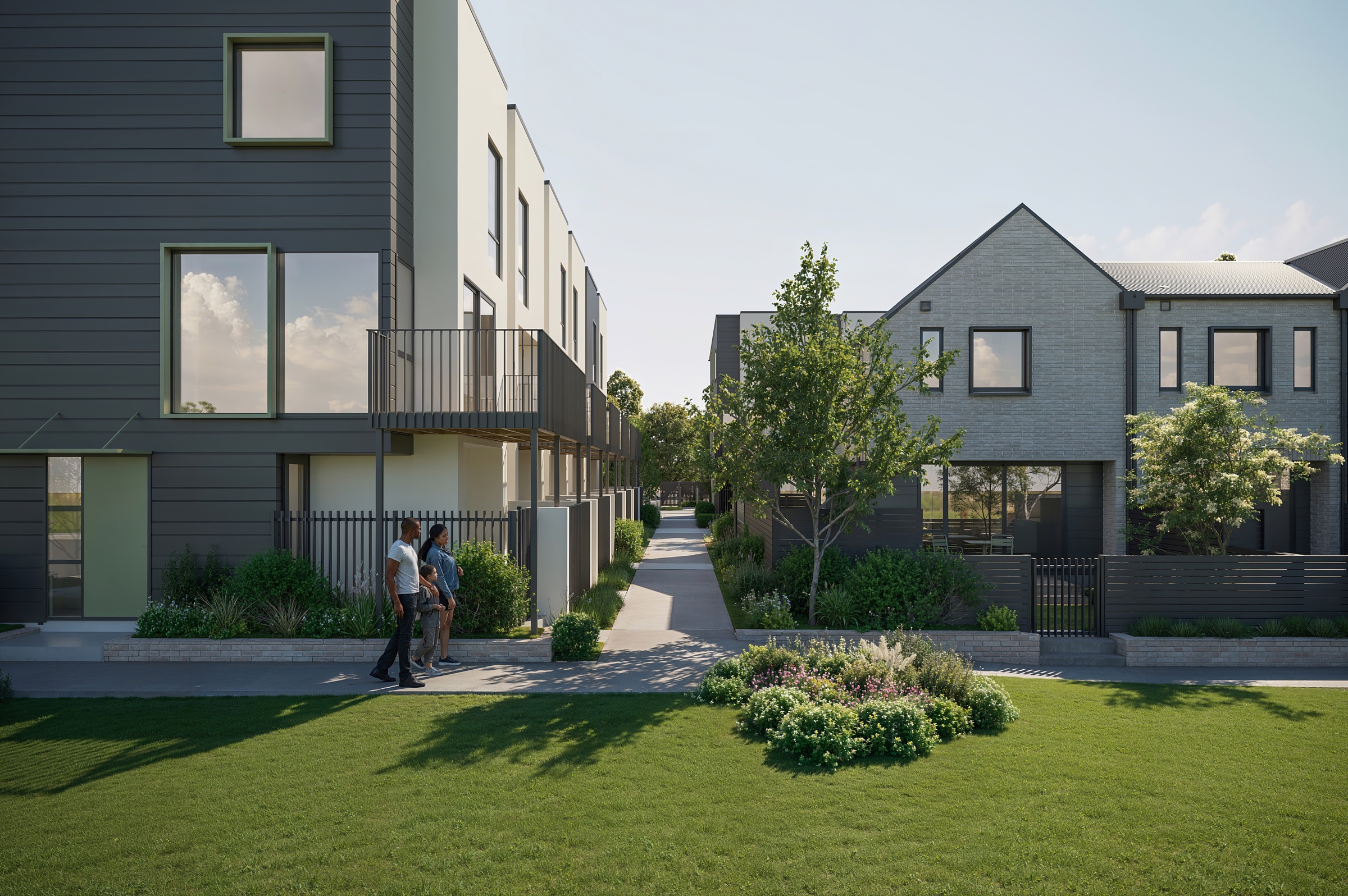 Artist's impression of Leander Common Blocks H and F with landscaped pedestrian space between townhouses