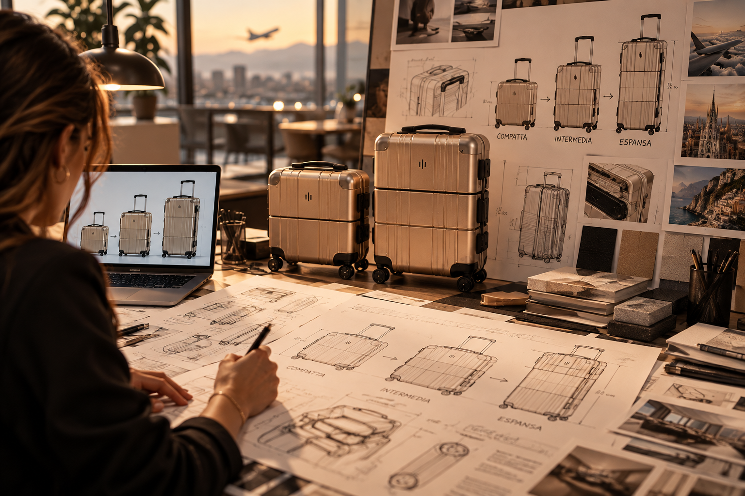 Designer MORE al lavoro con prototipi e schizzi della valigia trasformabile