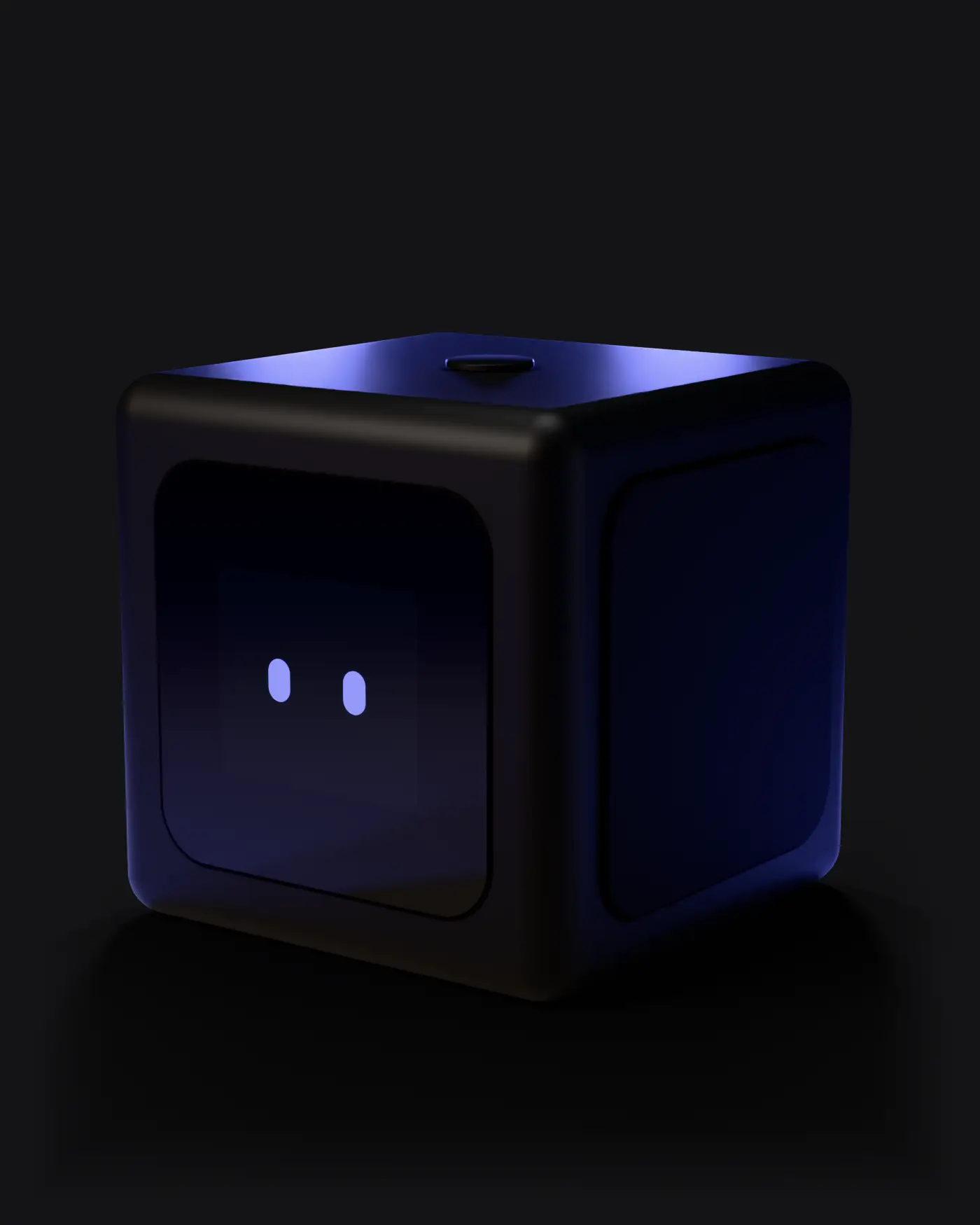 Tomi cube in a dark moment, with a soft blue glow on the screen face