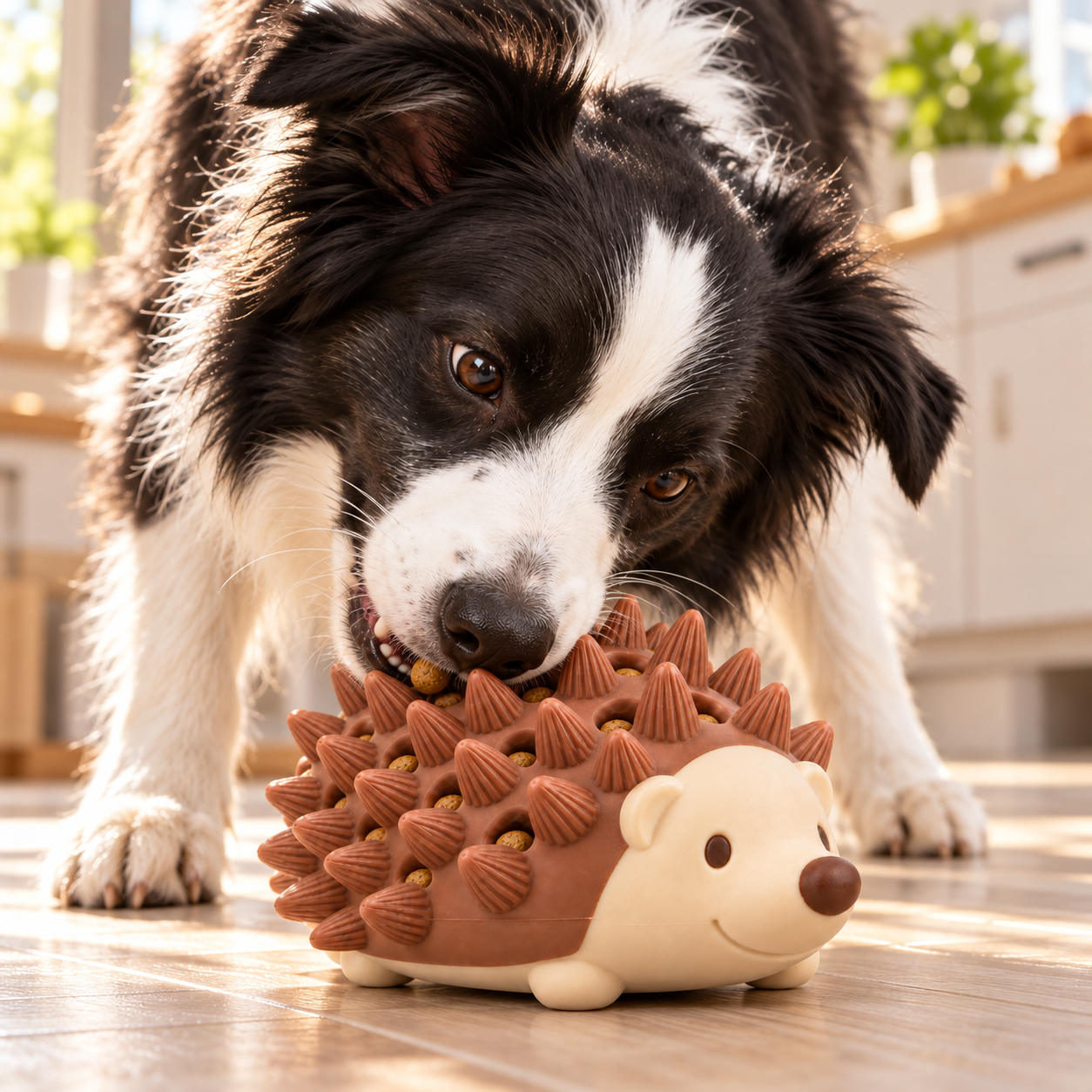 A border collie chewing the hedgehog dog toy, with kibble visible between the spikes