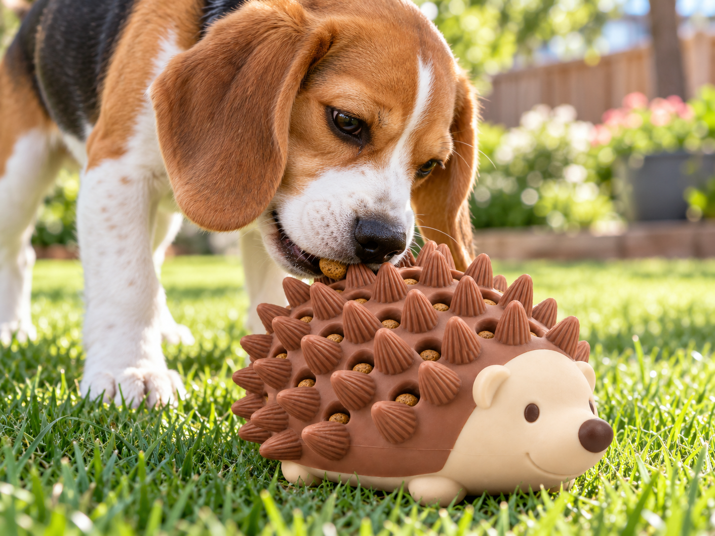 A happy beagle chewing Rizzo on the grass