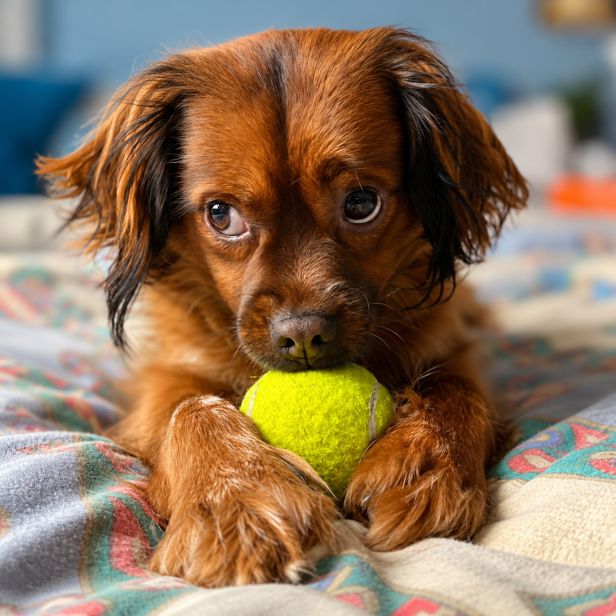 A brown long-haired dachshund holding a tennis ball on a colorful blanket