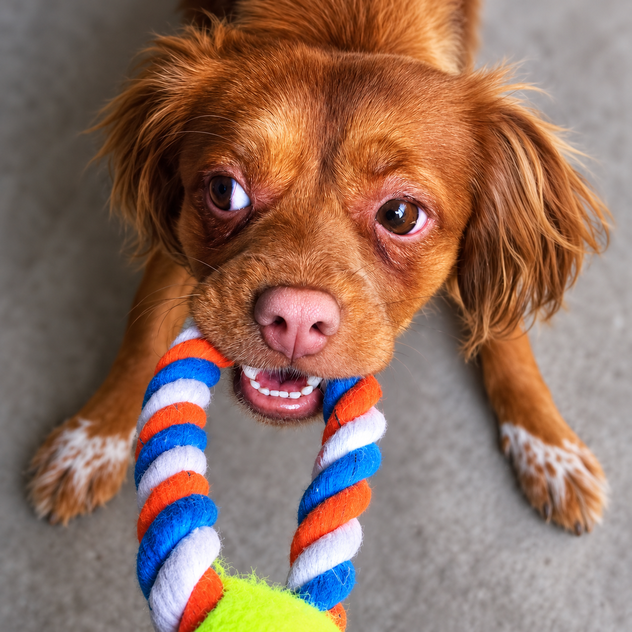 A reddish-brown cocker spaniel holding a colorful rope toy with a tennis ball